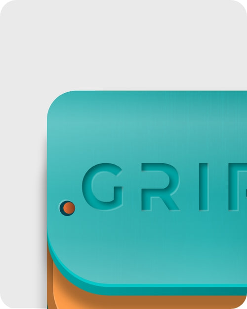 Close-up of a teal, matte-finished card with embossed text .GRI and a single perforation on a gray and orange background.