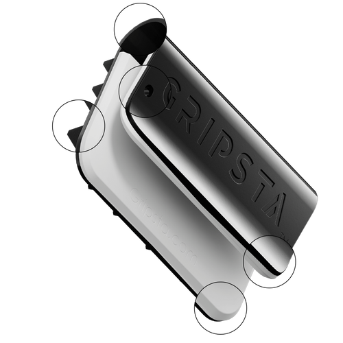 A black and silver GRIPSTA device with highlighted features on a white background.