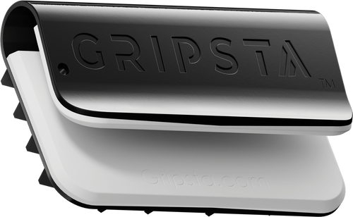 A black and white Gripsta card holder with the website Gripsta.com embossed on it.