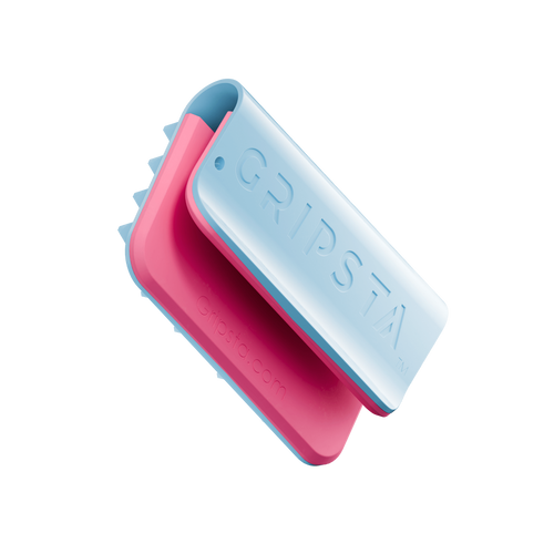 A pink and blue Gripsta clip with engraved branding on its surface.