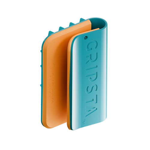 A turquoise and orange compact Gripsta device, designed to securely hold cards or small objects.