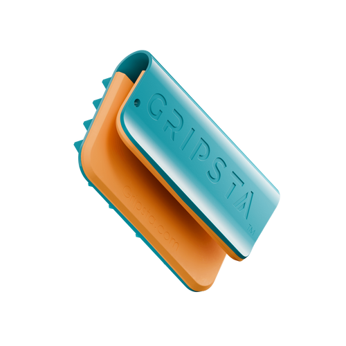 Blue and orange GRIPSTA clip with a modern, rectangular design against a black background.