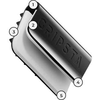 Black and white Gripsta phone holder with numbered annotations on its edges.